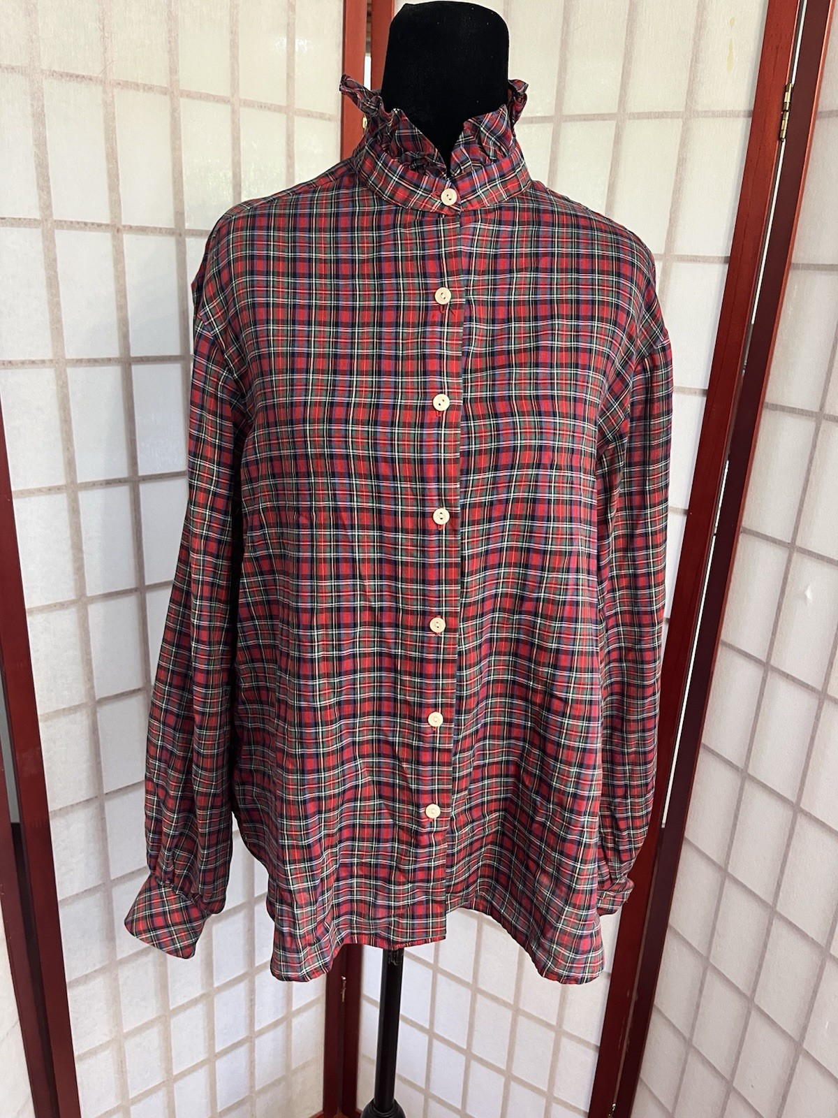 Vintage 80’s Victorian grunge retro red, green, and beige plaid blouse