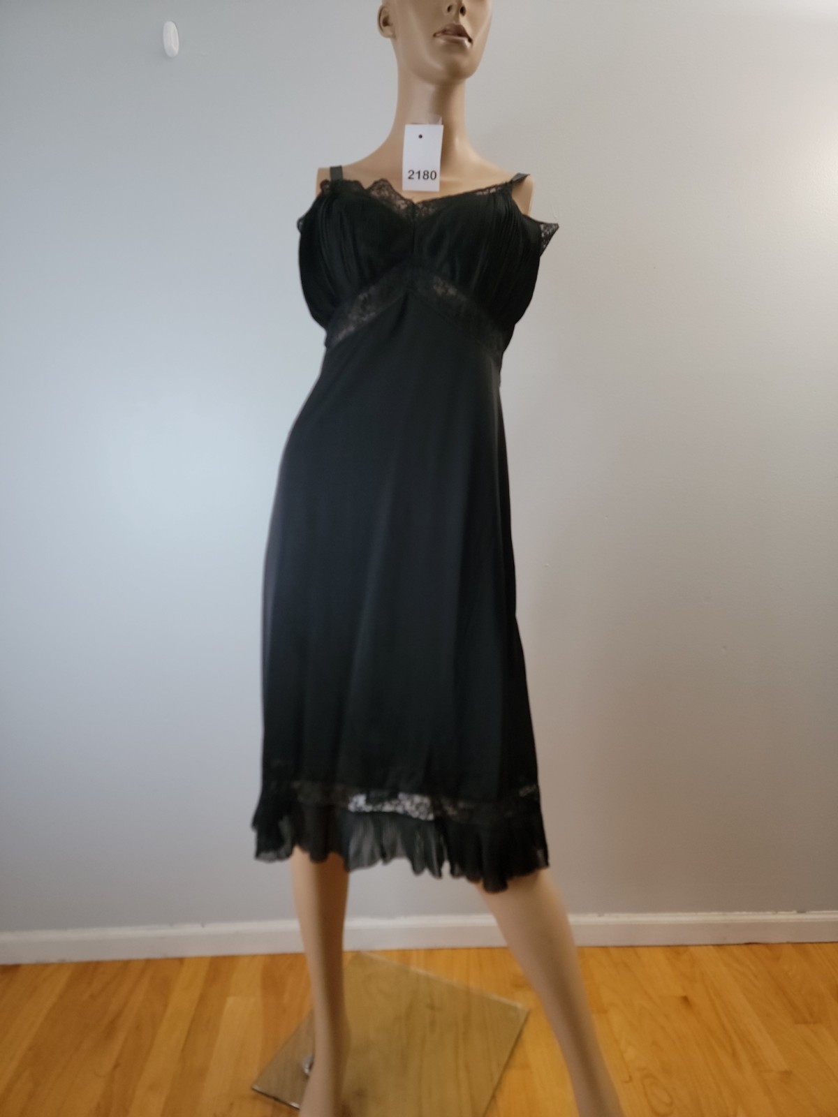 Vintage Charmode Tricot Nylon Black Full Slip Pleated/Lace Detail Size 38