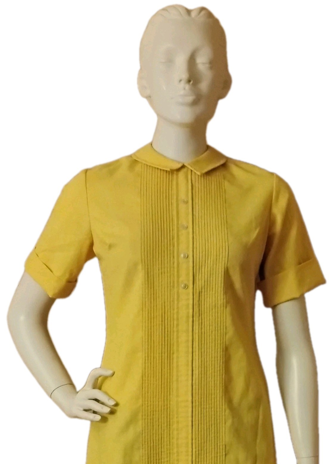 VTG 1970’s „the Art Shirt” Yellow Linen Pleated Ribbed Front Shirt Dress 9-10