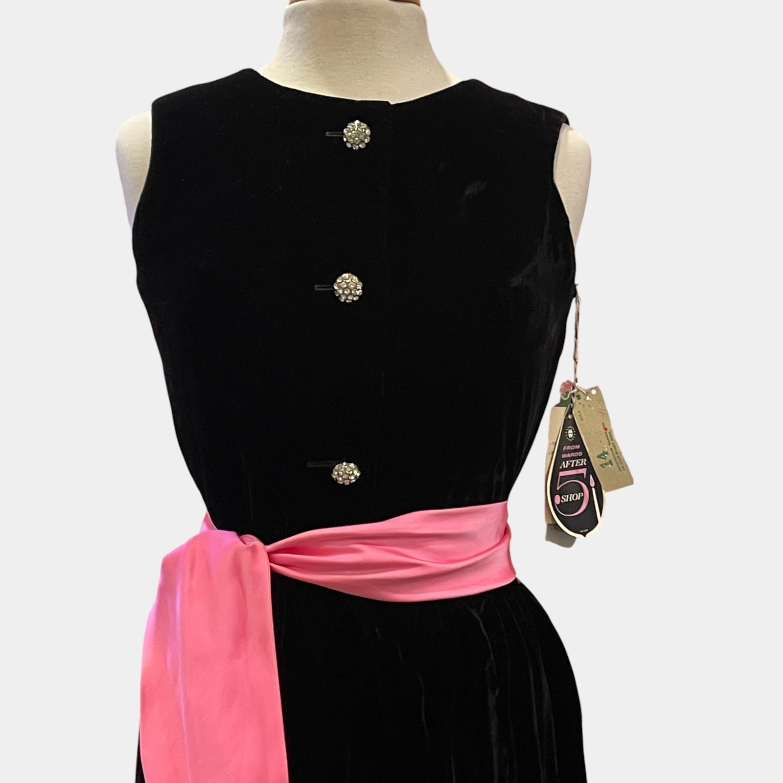 Vintage Carol Brent Black Velvet Dress Pink Satin Sash Rhinestone Buttons NOS