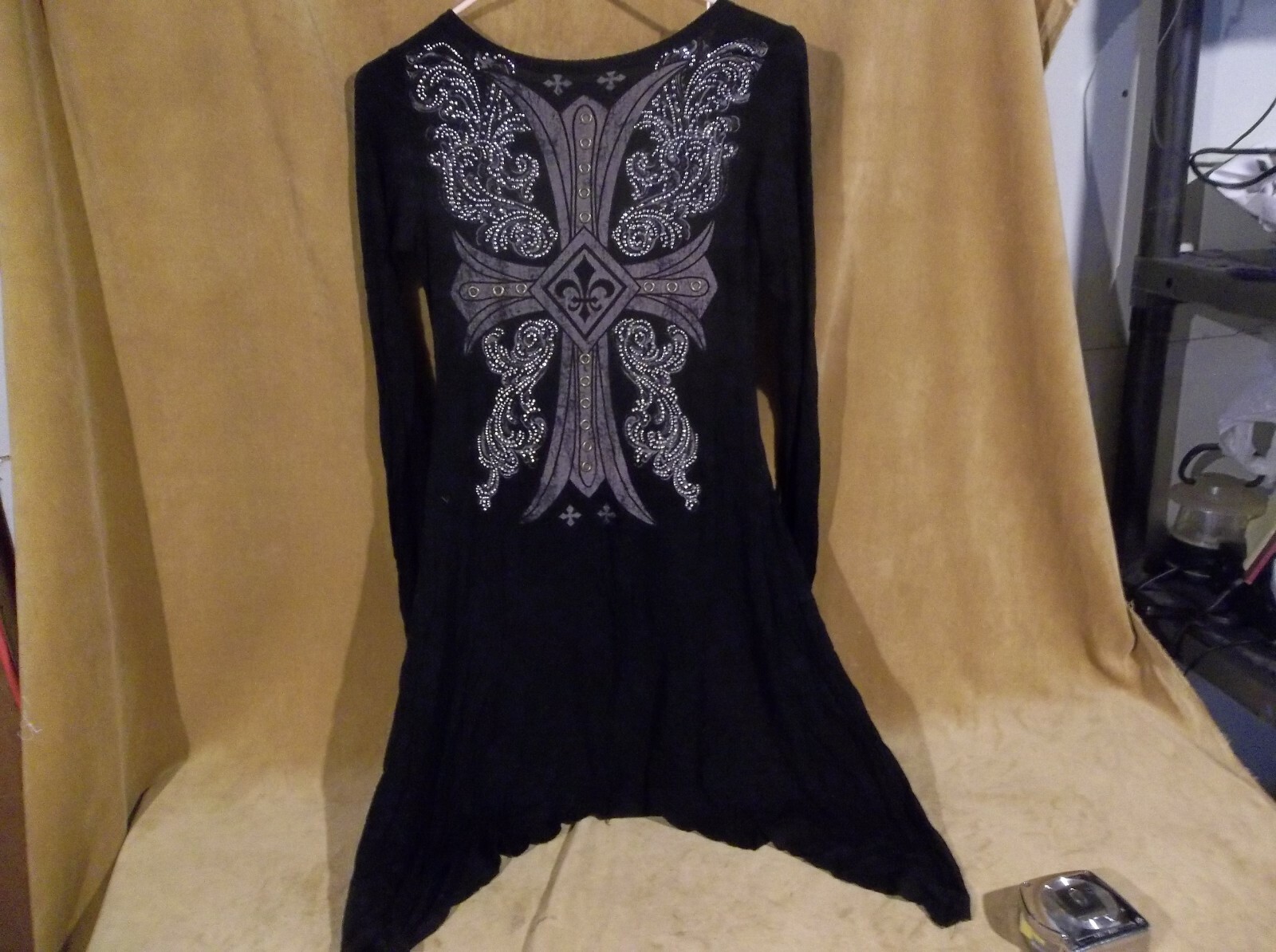 Vintage Black Long Sleeve Dress with Crusades Symbol Front and Back 30in Waist