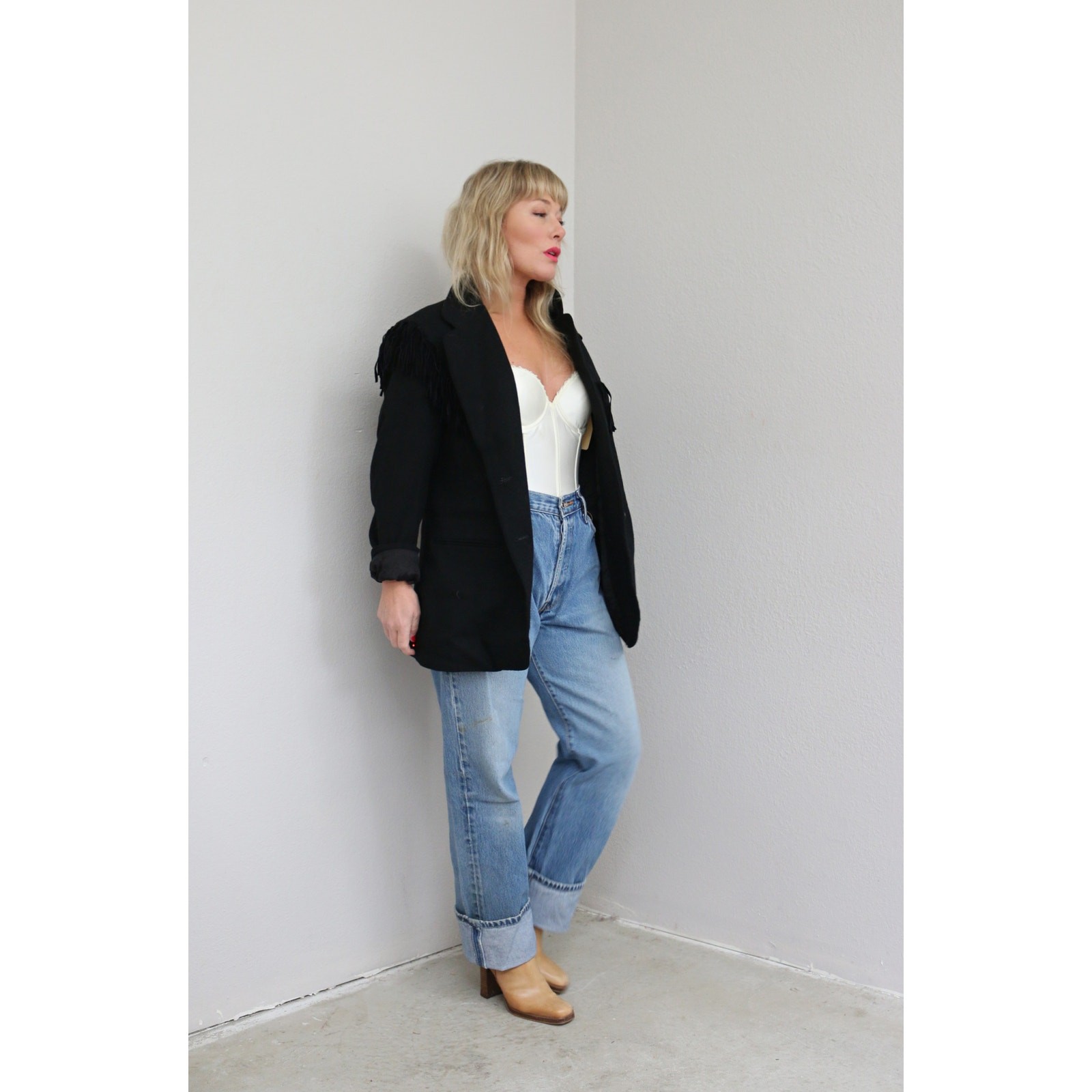 1990’s Vintage Adolfo Black Wool Fringe Blazer ~ Women’s MD LG ~ Western Jacket