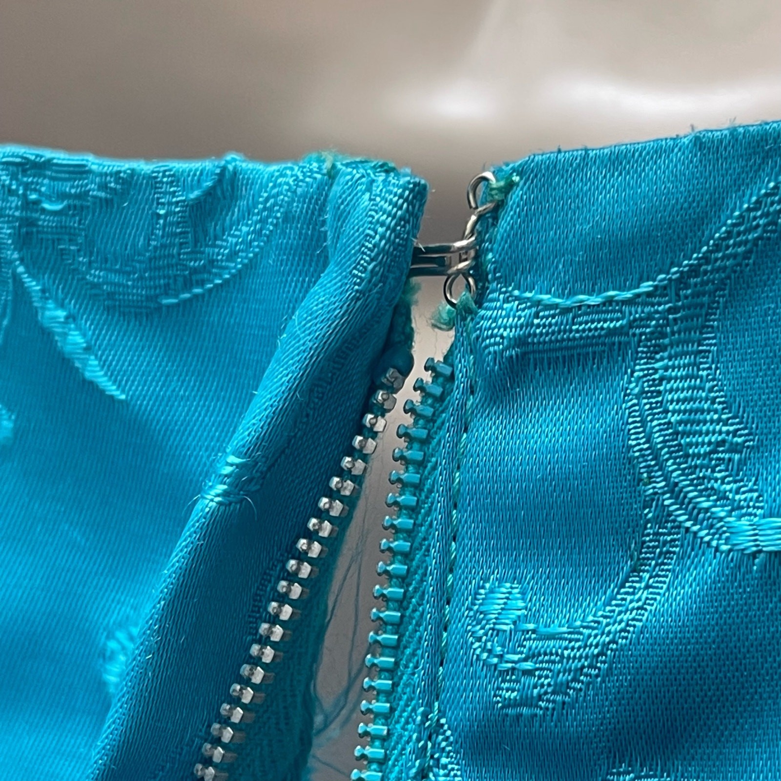1960’s Empire Waist Teal Blue Chinese Floral Brocade Sleeveless Dress With Bows