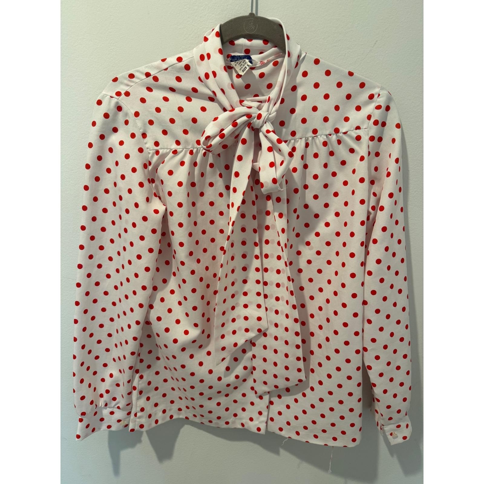 Vintage 70s Mardi Mode Polka Dot Tie Neck Blouse Red White Retro Top Size 10