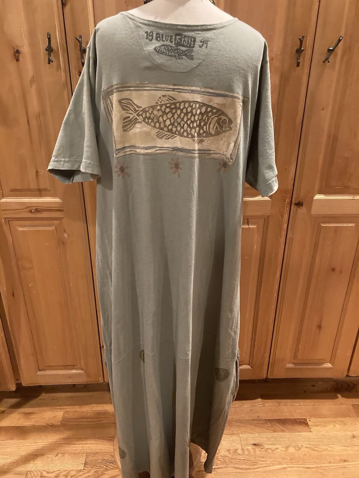 Art to Wear Blue Fish Vintage Organic Fun Dress Handpainted Pockets 1994 Sz 1