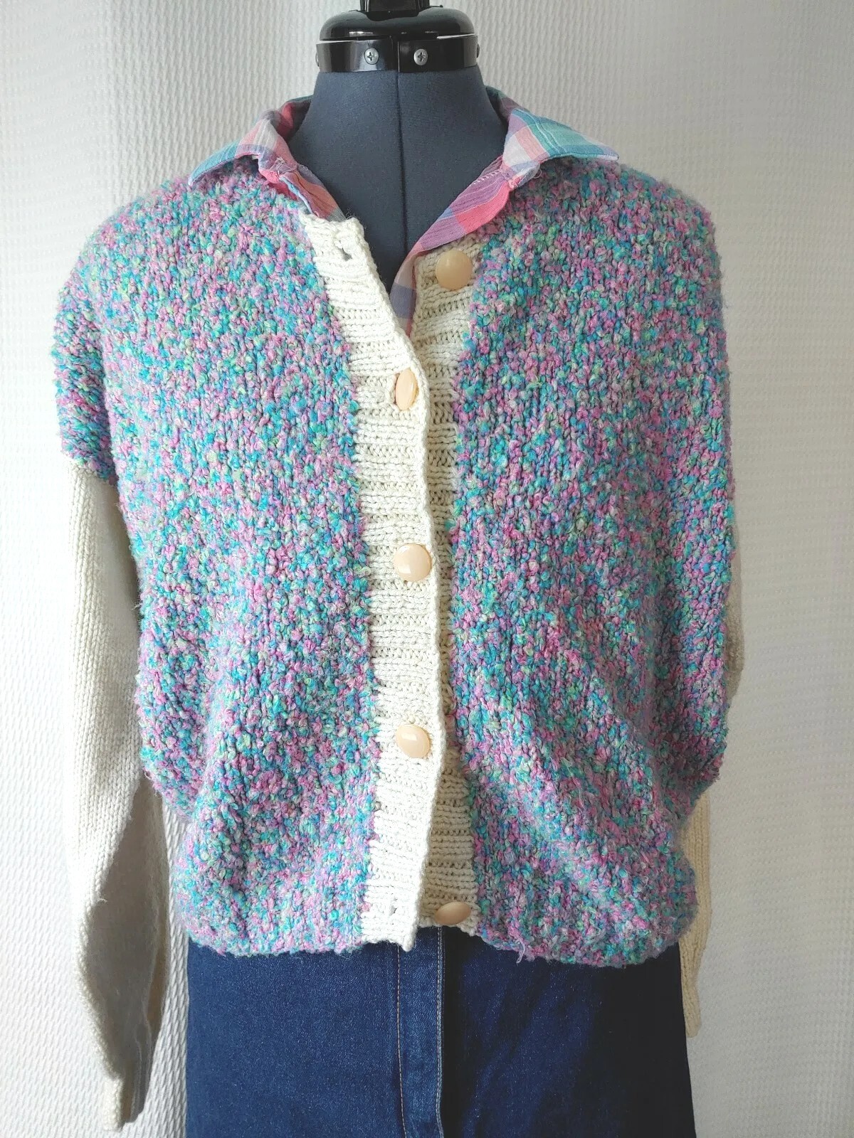 Vtg Handmade Knitted Multicolored Sweater Cardigan w Cream Sleeves 46″ Bust XL?