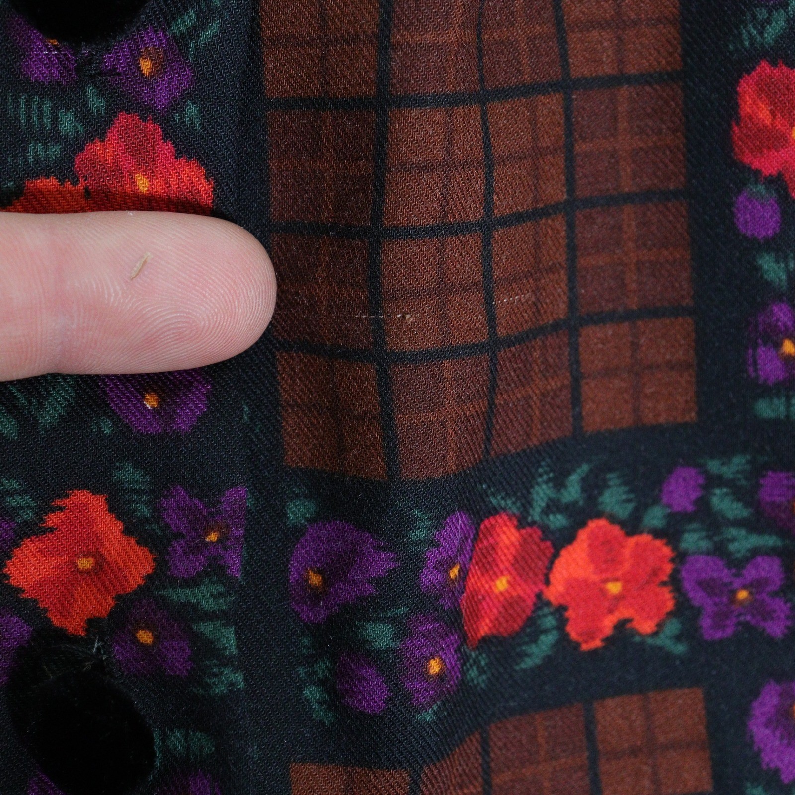 Vtg Oscar de la Renta Miss O Skirt Suit Floral Brown Plaid Velvet Trim Women 8