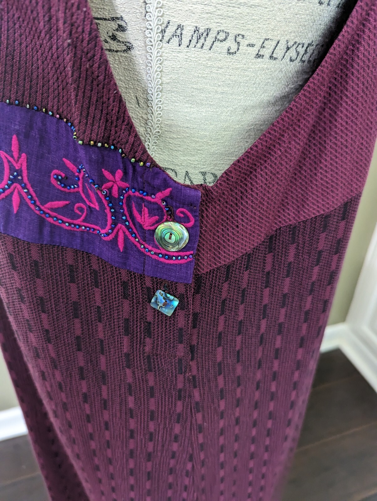 VTG LONG DRESS/ROMPER w/Diff. Fabrics-Embr-Beads-Mother of Pearl Accents-size L