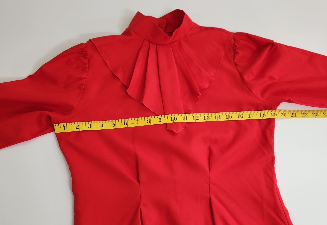 Vtg 70s Rust Red Long Sleeve Blouse Oversized Ruffled Collar Fitted Waist Retro