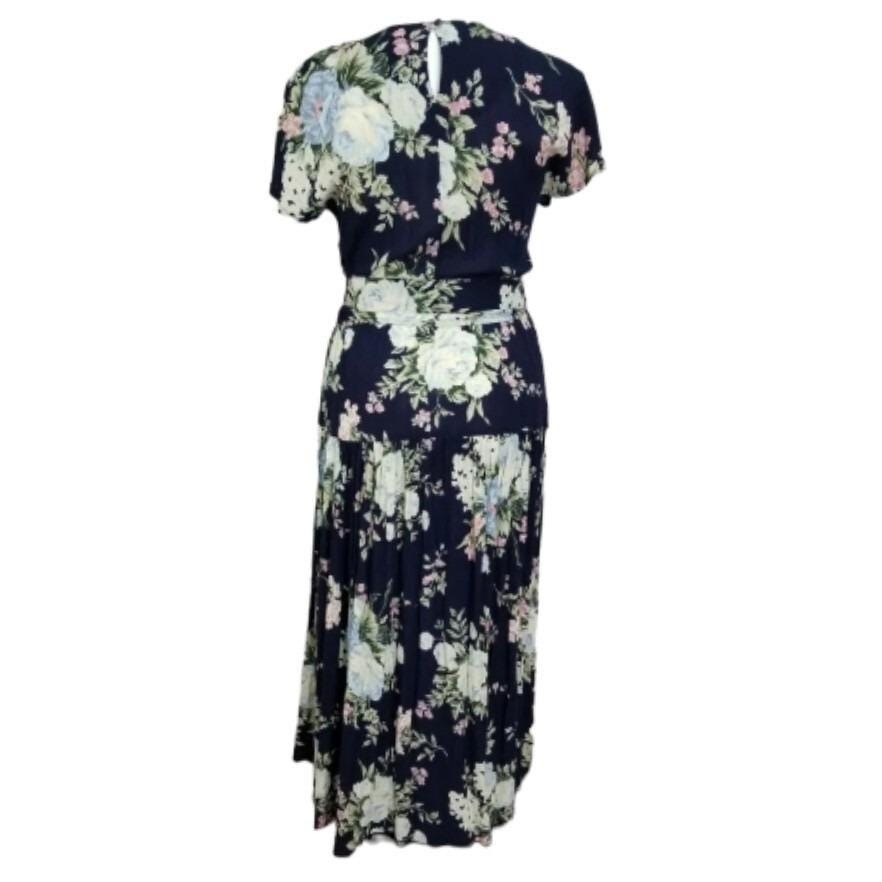 Vintage 90s Ansley Navy Blue Floral Maxi Dress Rayon Pleated Skirt Belted USA 12