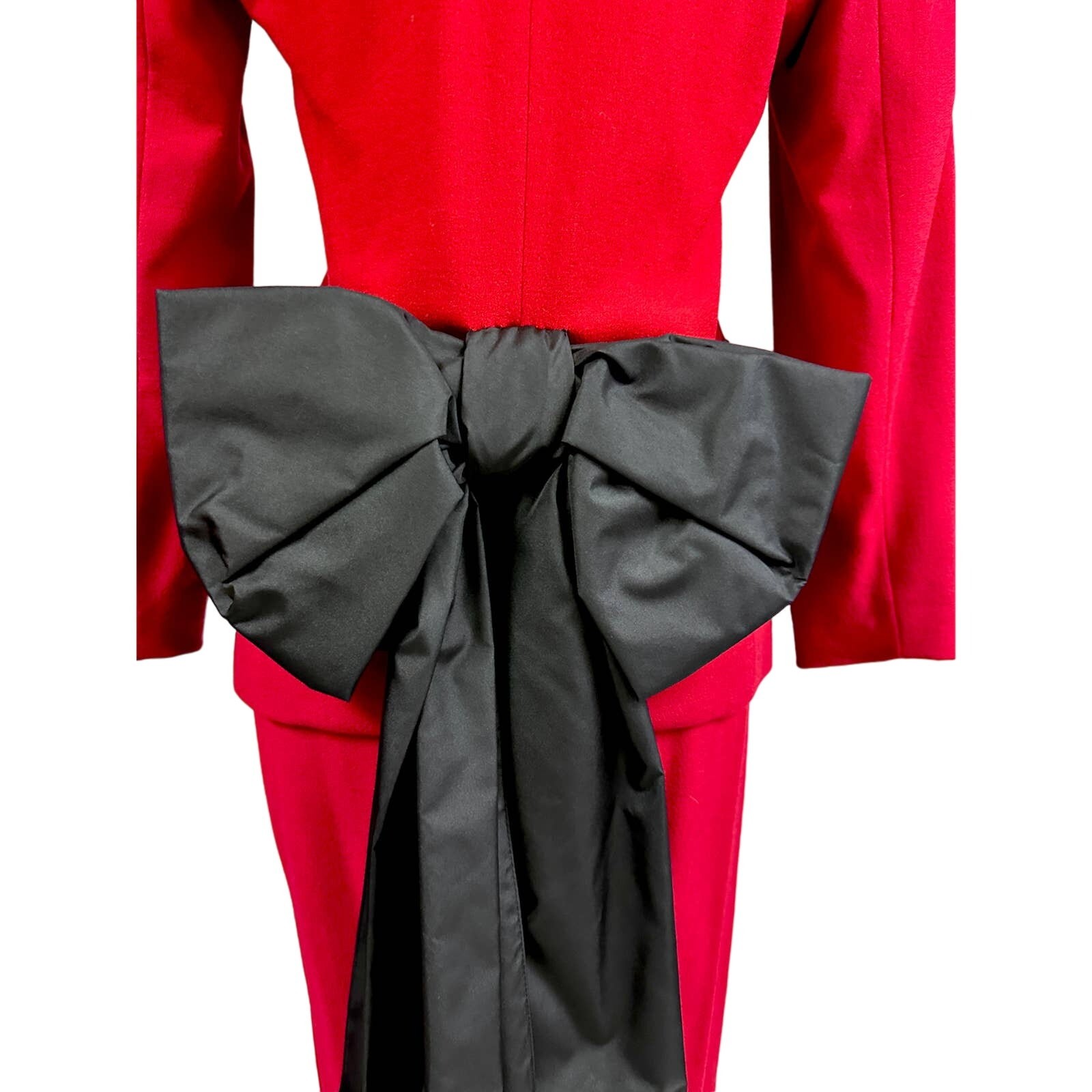 VTG 80s Red Wool Power Suit Black Bow Bustle Pencil Skirt Femme Fatale 4