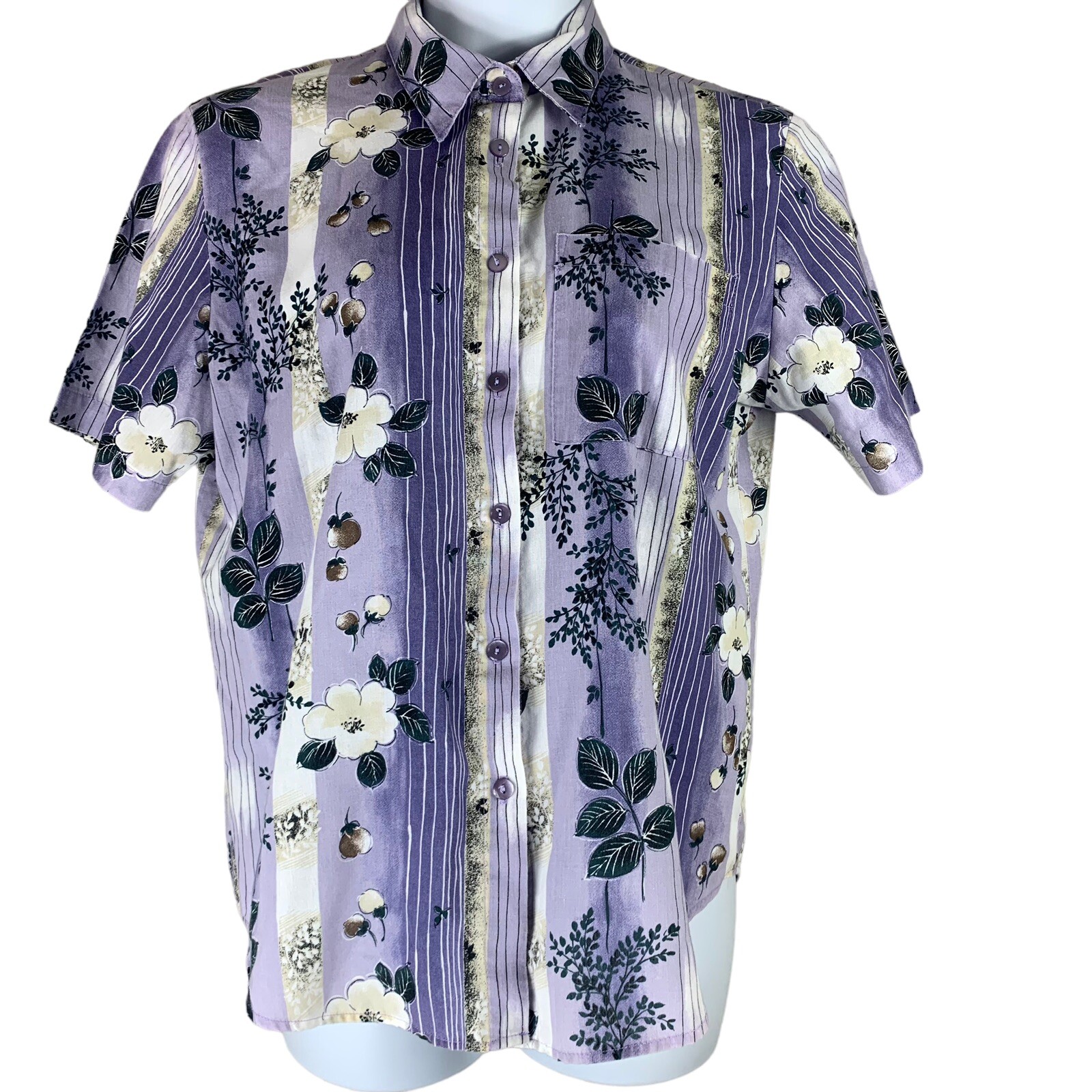Vintage Size Large Top Button Up Cascade Blues Short Sleeve Purple Stripe Floral