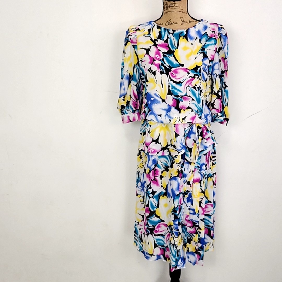 J.B. TOO Midi Dress Womens 10 Multi Color Floral Vintage Style Short Sleeve