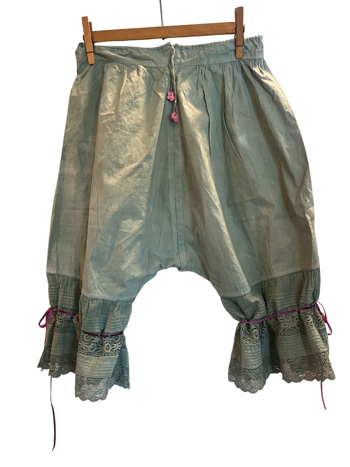Antique Sage Victorian Bloomers Hand Dyed Sage Lace Trimmed Velvet Ties