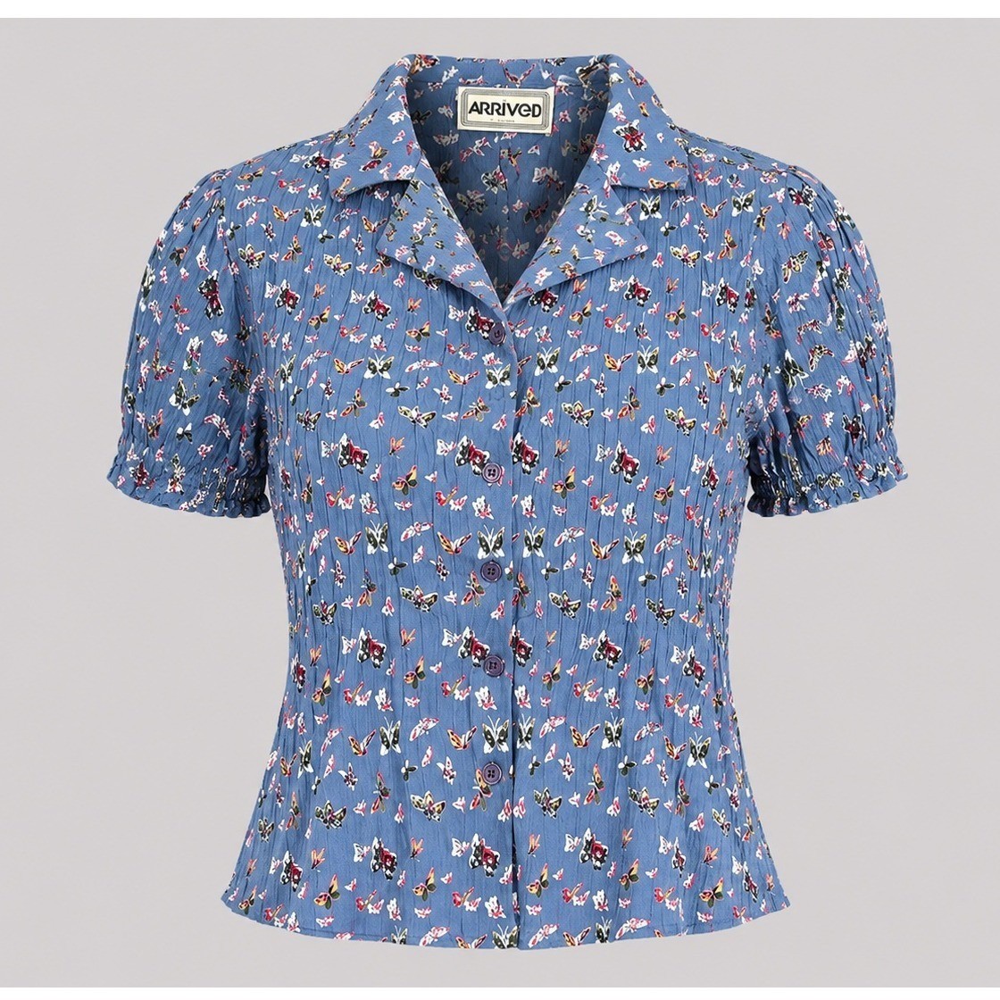 Arrived Vintage 90s Butterfly Print Pleated Blouse Blue Rayon Puff Sleeve Medium