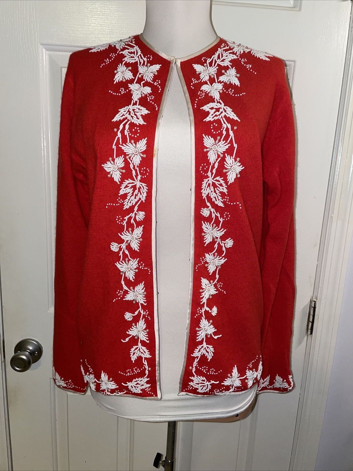 Vintage Bright Red Cardigan sweater Hand Beaded