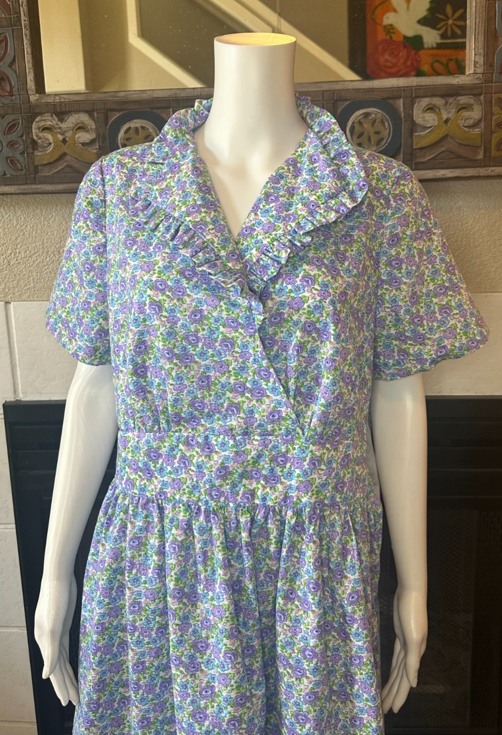 Vtg Lg 1950s Full Skirt Day Dress tea collared Handmade Floral a-line MCM Party