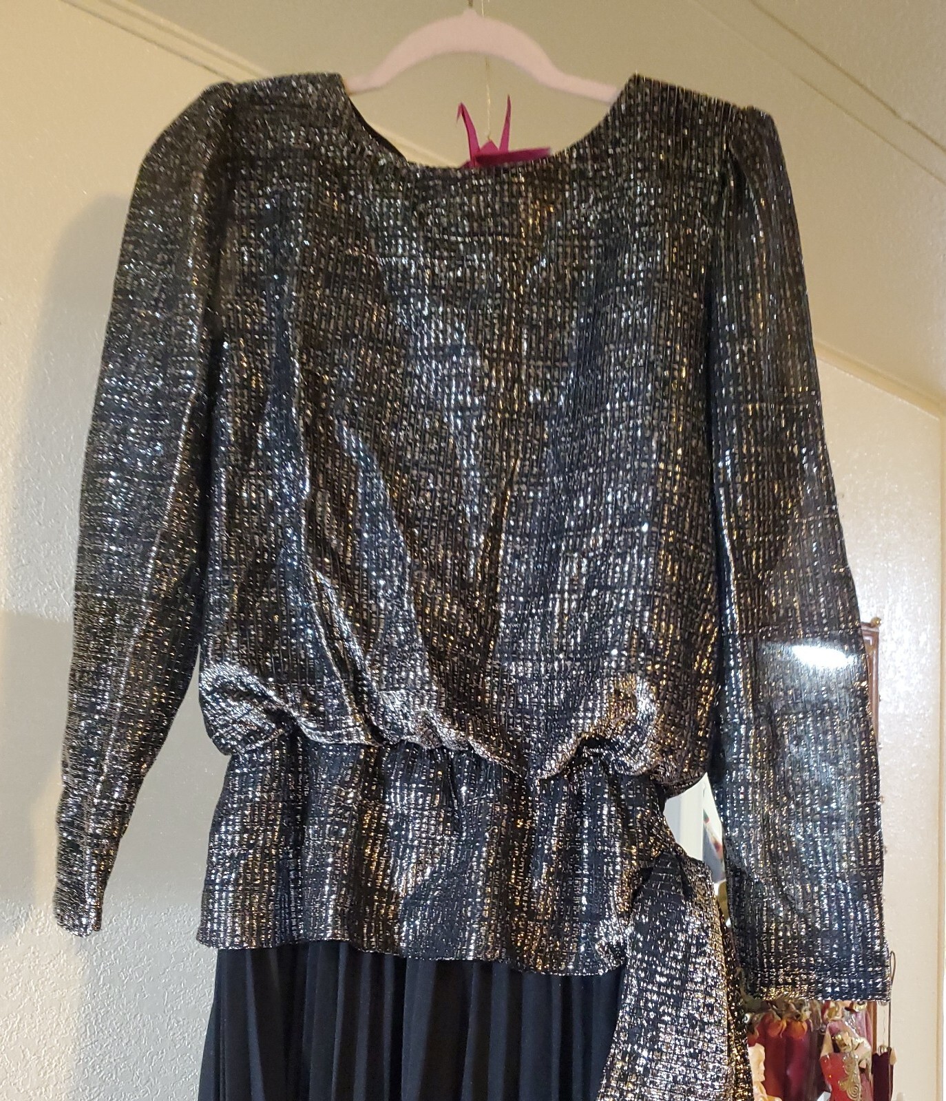 VTG T & F DRESS SIZE 12 BLACK SKIRT & SILVER/BLACK SHIMMERING TOP LONG SLV USA 