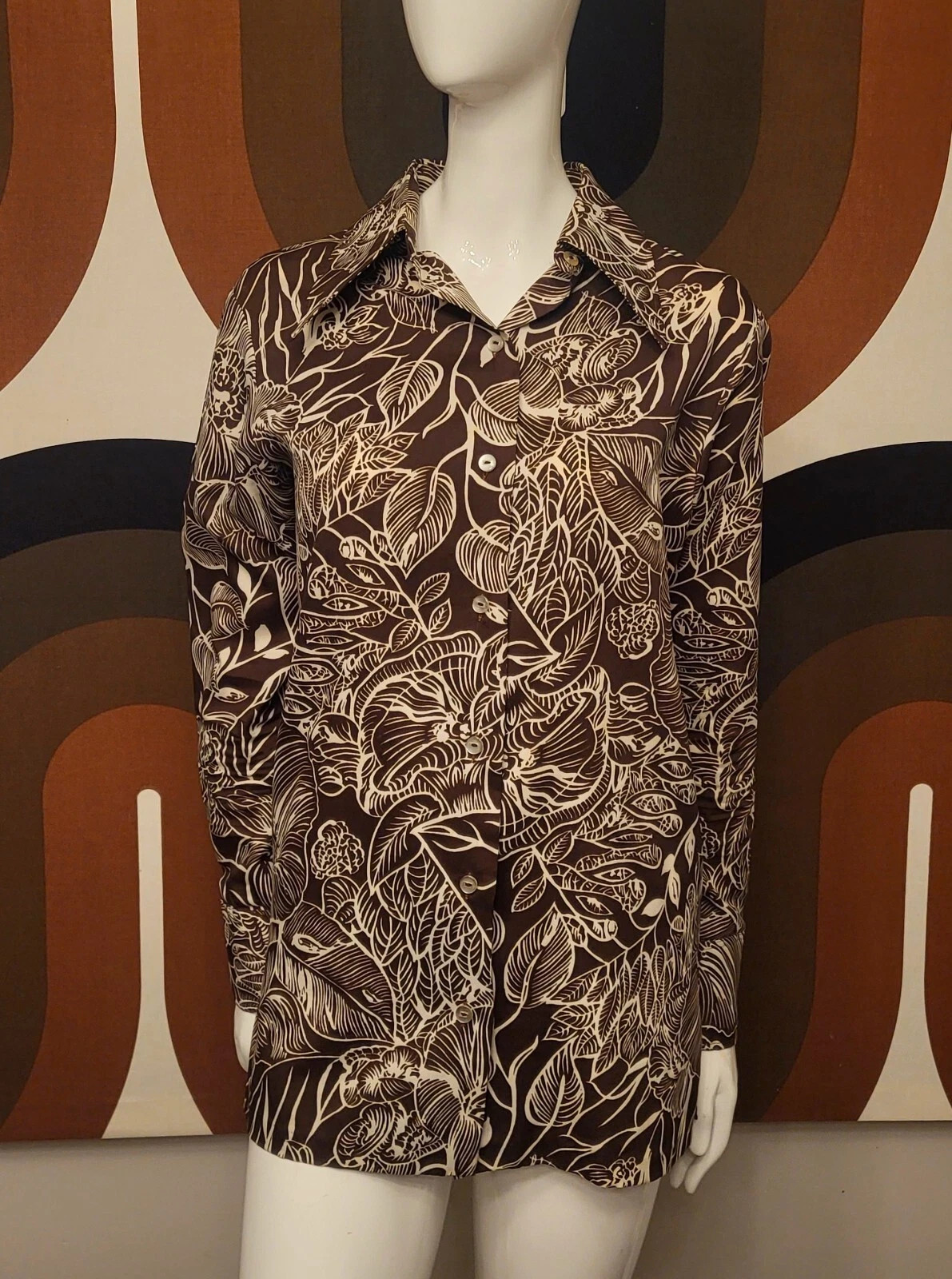 1970’s Women’s Plant Floral Print Polyester Disco Shirt Dagger Collar M