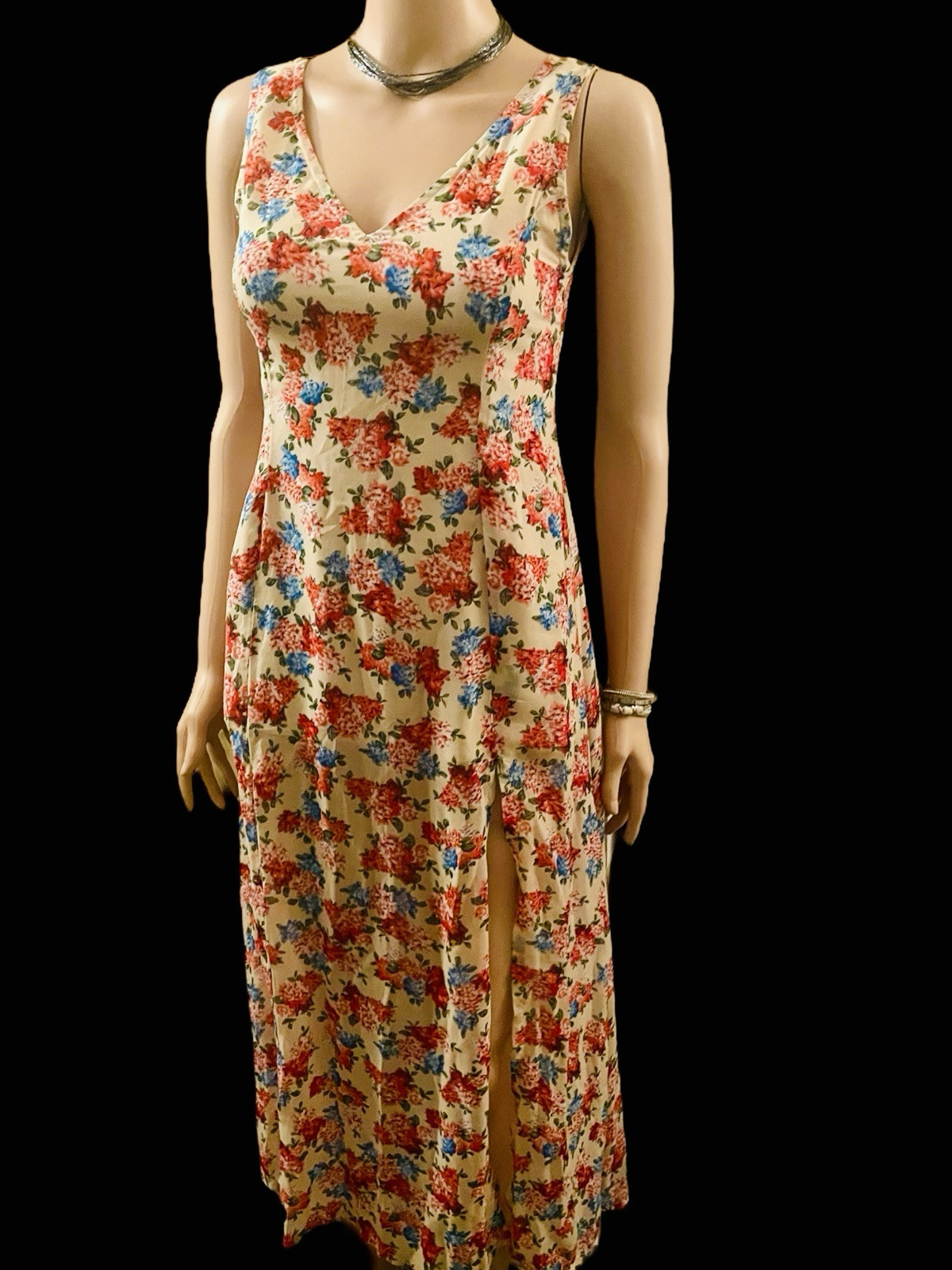 Vintage Silk Dress 1970s Floral Sheer Maxi Sexy Side Split V Neck Cottagecore S