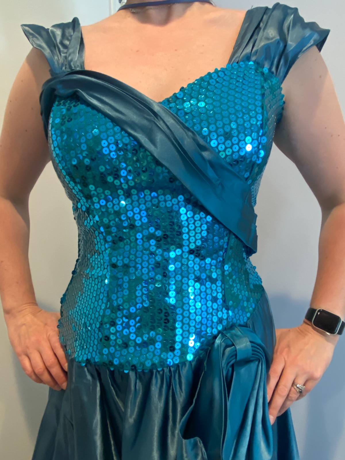 Stunning Vintage 80s Prom Dress Teal Sequin and satin with black crinoline