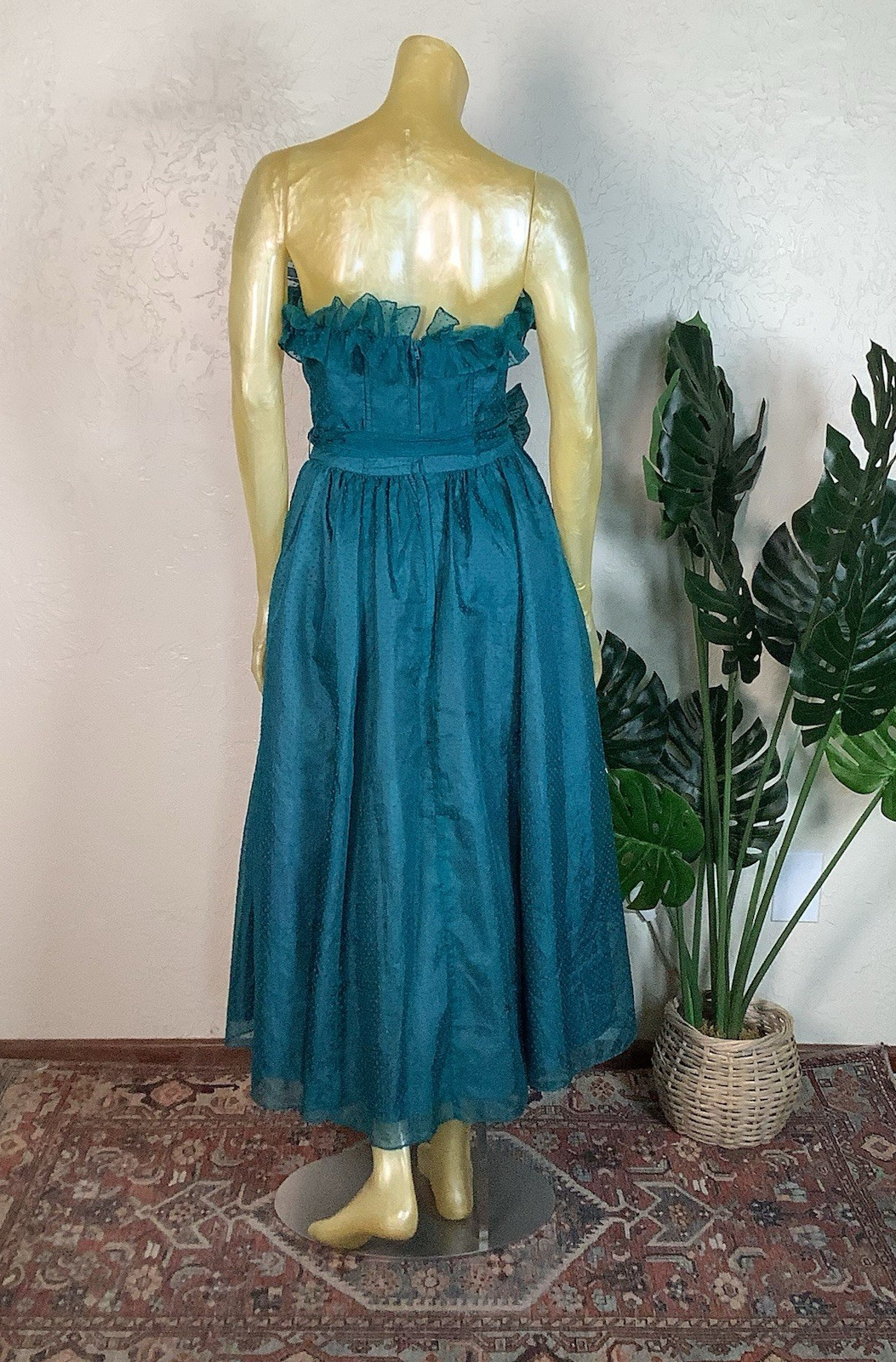 Vtg 1980s Gunne Sax Teal Swiss Dot Strapless Tea Length Semi-Formal Dress
