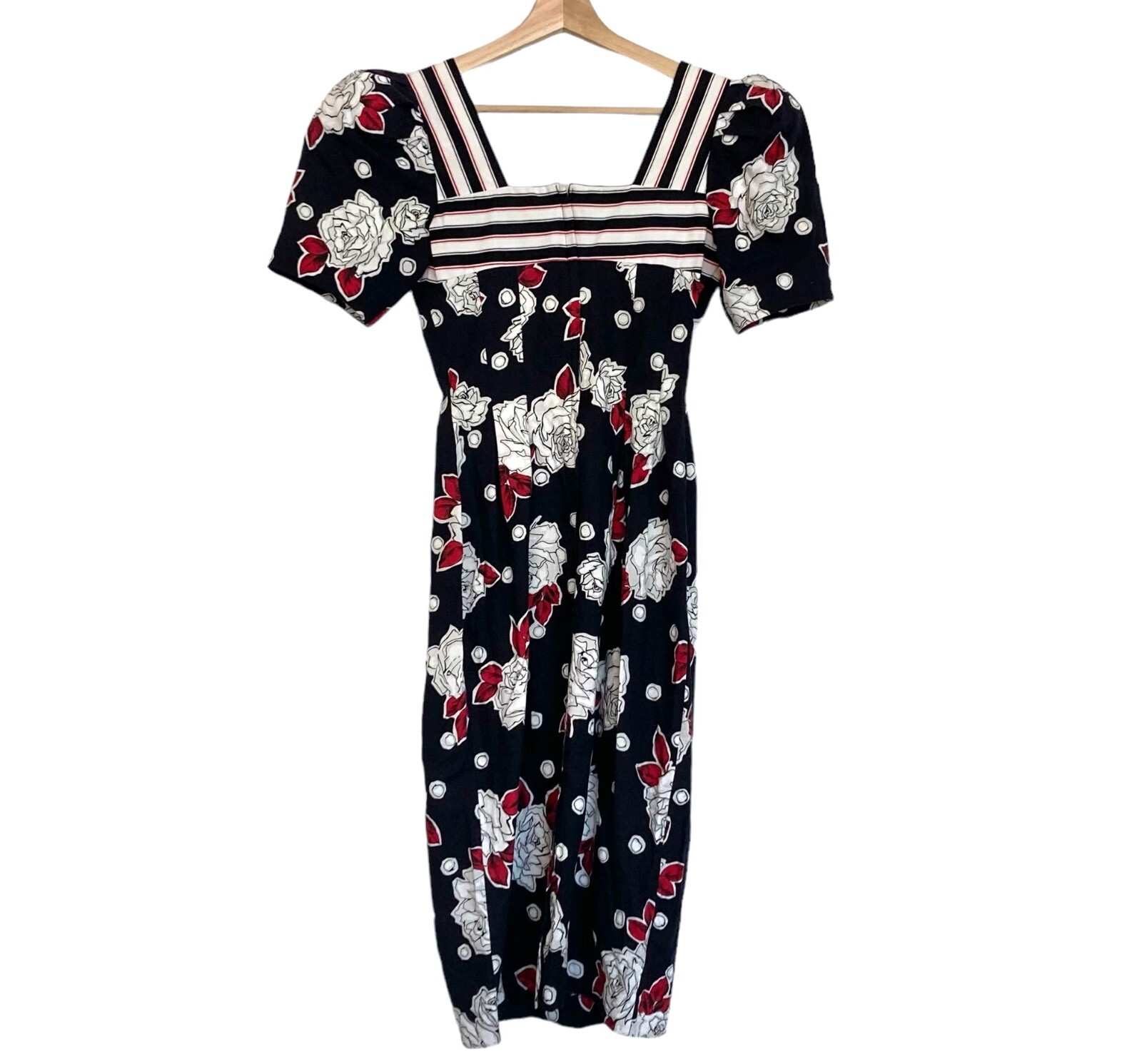 Vintage 80s LESLIE LUCKS Floral Midi Pencil Dress Sz 4 Puff Slve Pinup Secretary