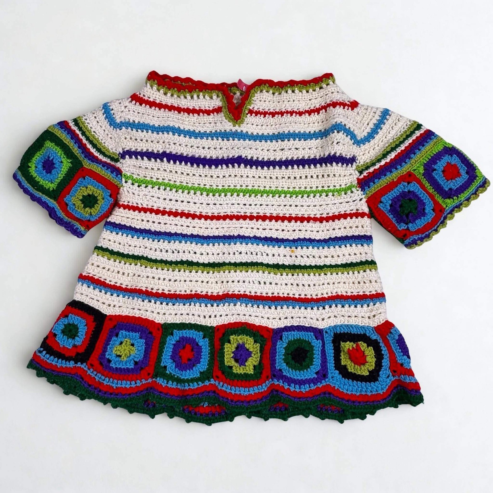 Vtg 70’s Crochet Granny Square Top Wool Rainbow Retro One Size See Measurements