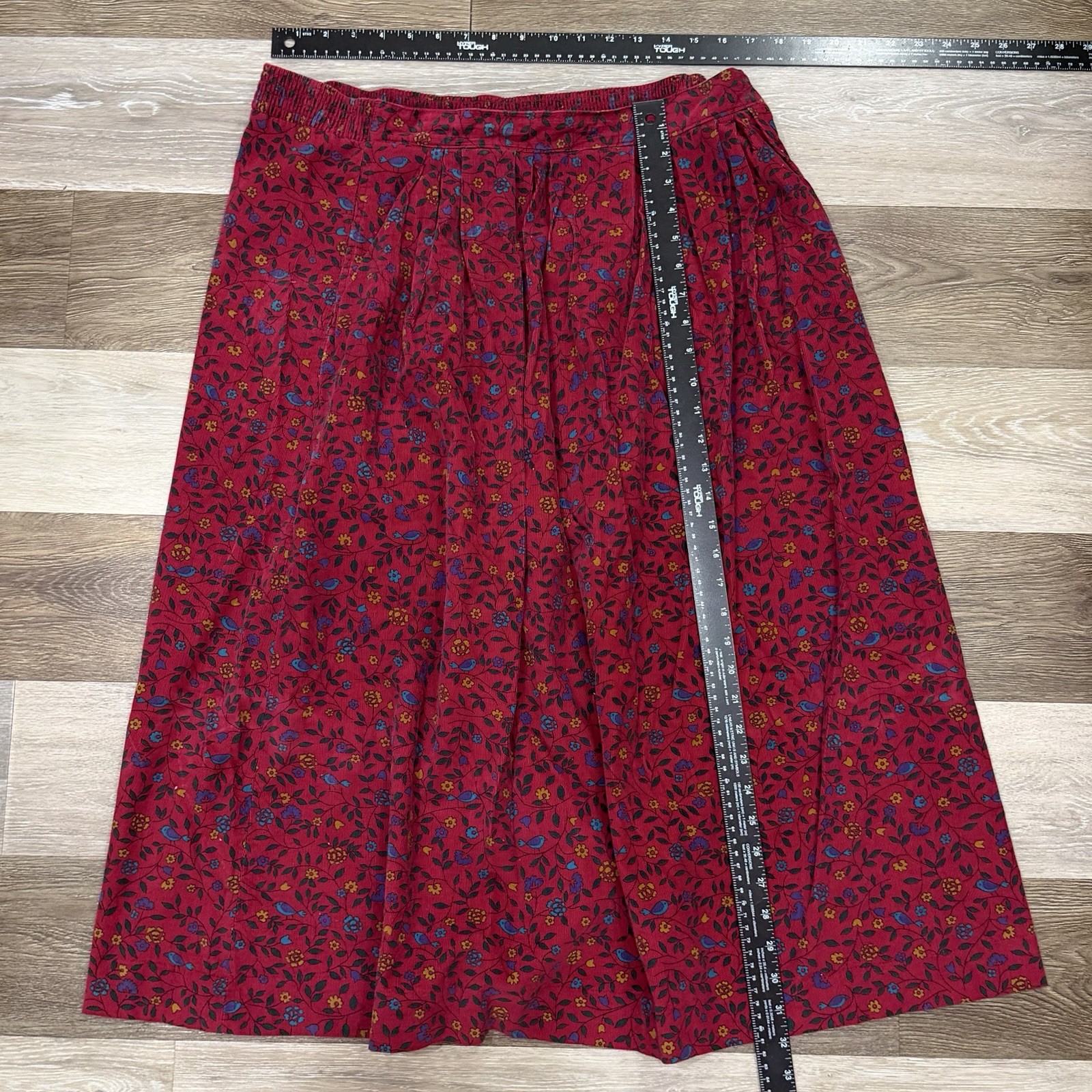 Vtg Bryn Connelly Midi Skirt Sz 16 Dark Red Floral Soft Lightweight Corduroy EUC