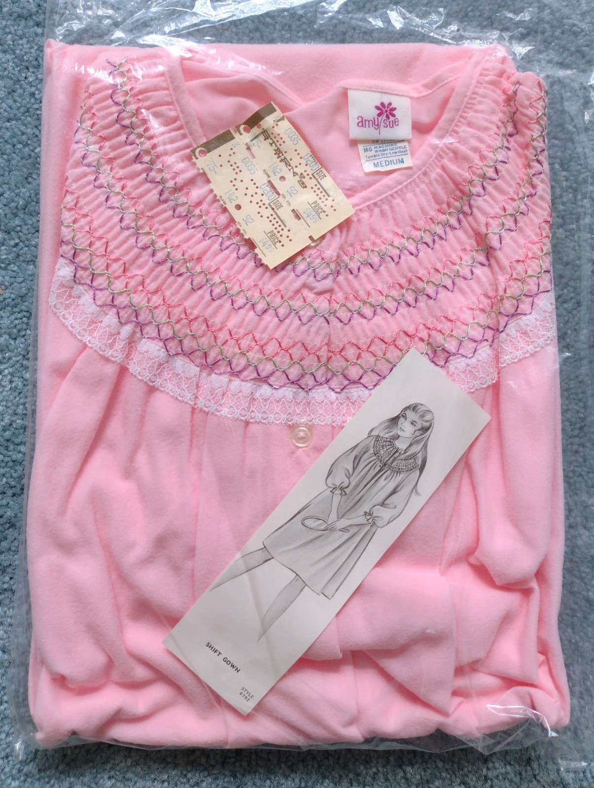 Vintage Amy Sue Pink Nightgown Embroidered Med NWT 3/4 Sleeve