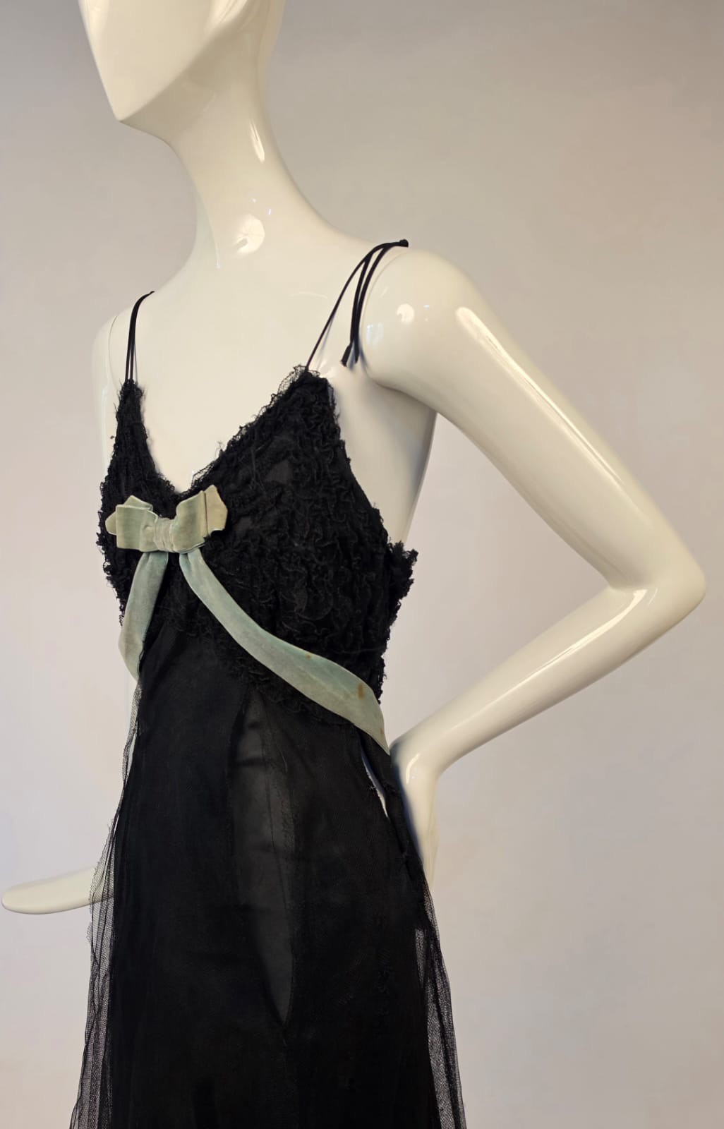 ANTIQUE 1930’S BLACK NET + RUFFLE LONG DRESS W TAFFETA LINING + VELVET TRIM