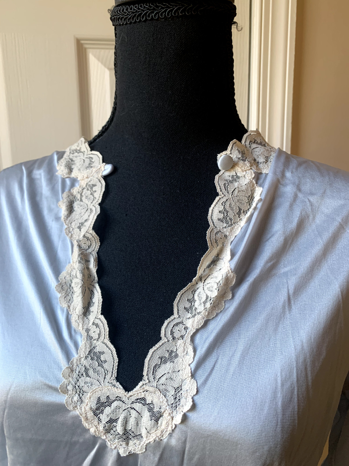 Vintage Papillon by Paula Carbone Blue Lace Trim Sleeved Antron III Nylon Small