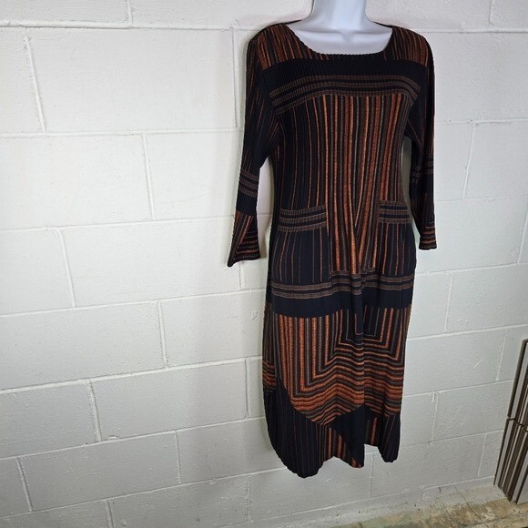 Vtg striped micro pleated long sleeve lagenlook art to wear dress Korea japan
