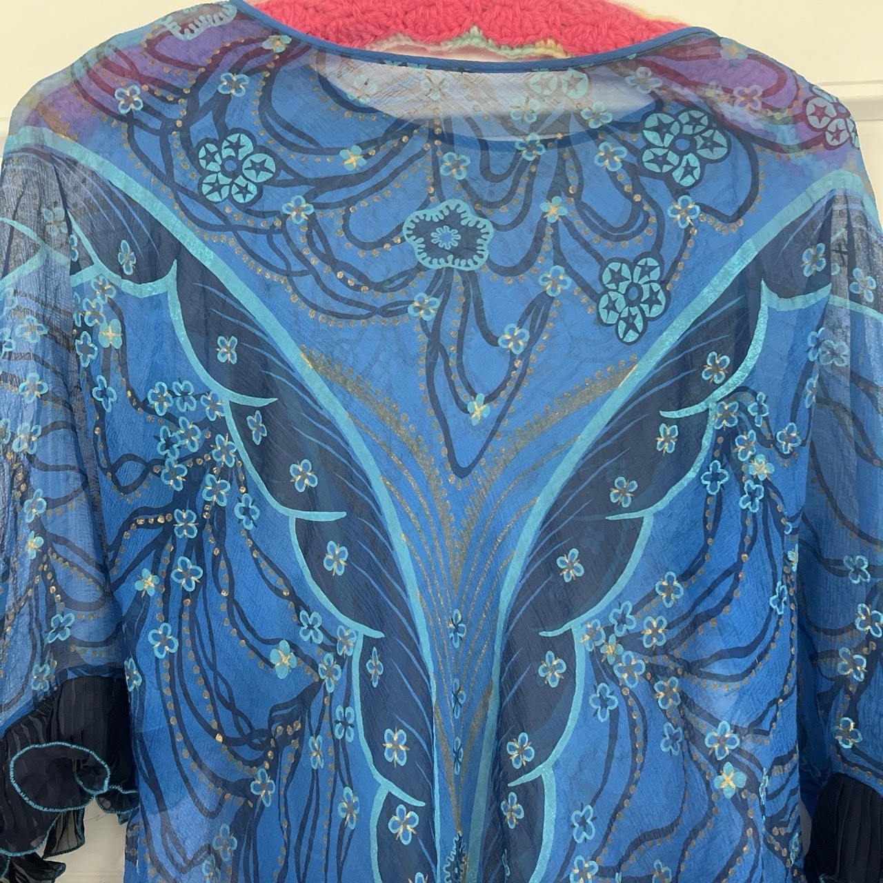 Vtg 70/80s Zandra Rhodes Printed Silk Tunic Top Angel Sleeves Ruffle Boho S/M