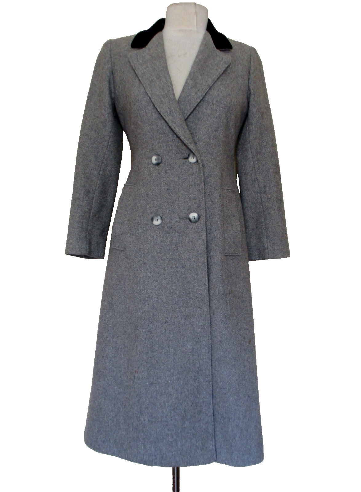 Vintage Youthcraft Coat Gray Wool Black Velvet Collar Double Breasted S Women