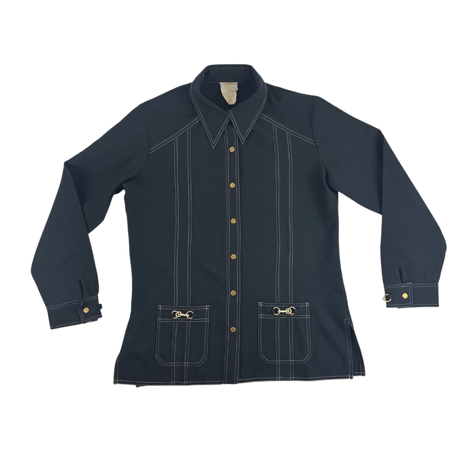 Vintage 70s Black Blouse Womens Large Gold Buttons & Buckles Button Down Shirt