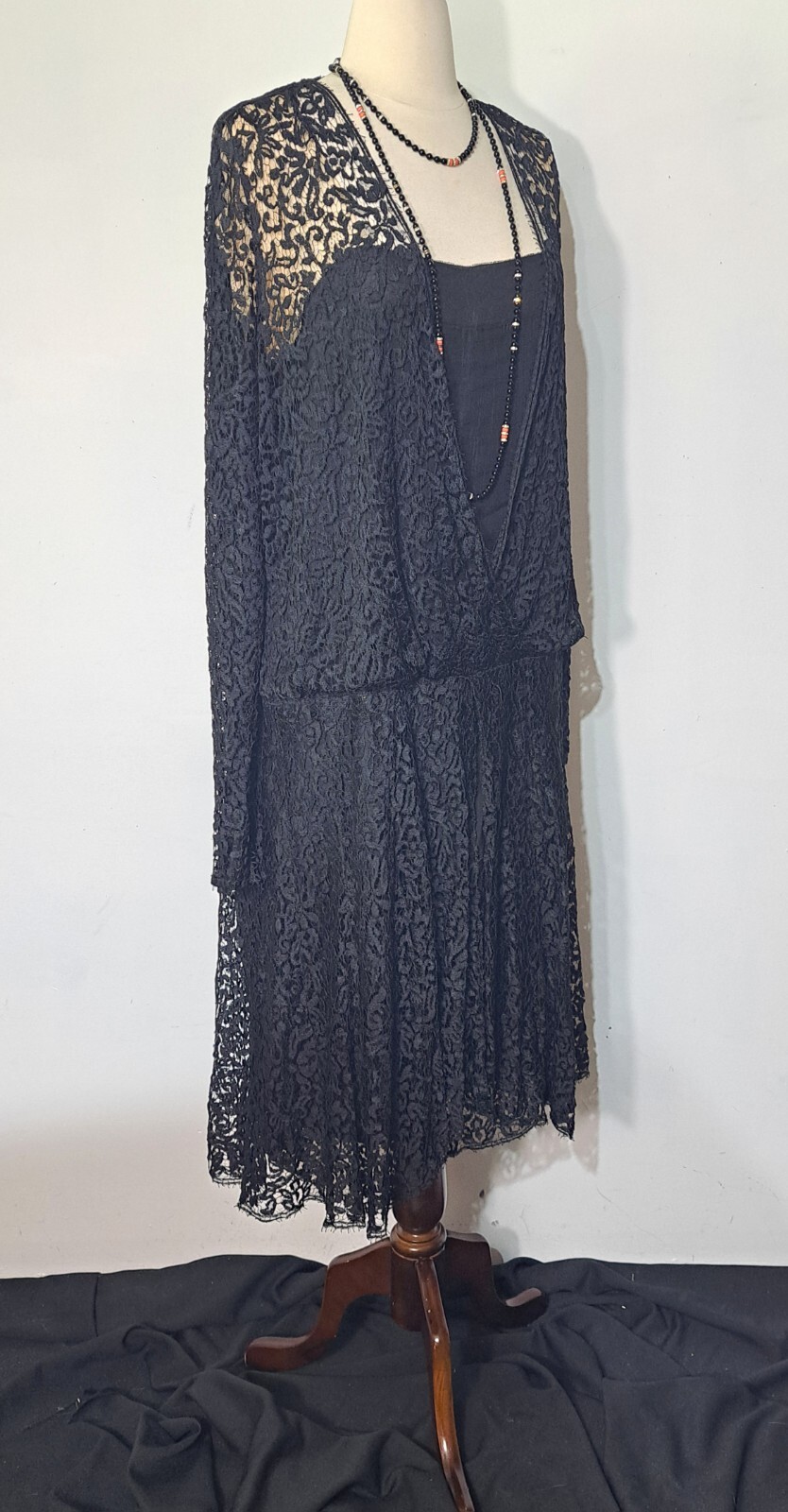 Antique 1920s Dress Black Lace over Silk Dropped Waist Long Sleeve