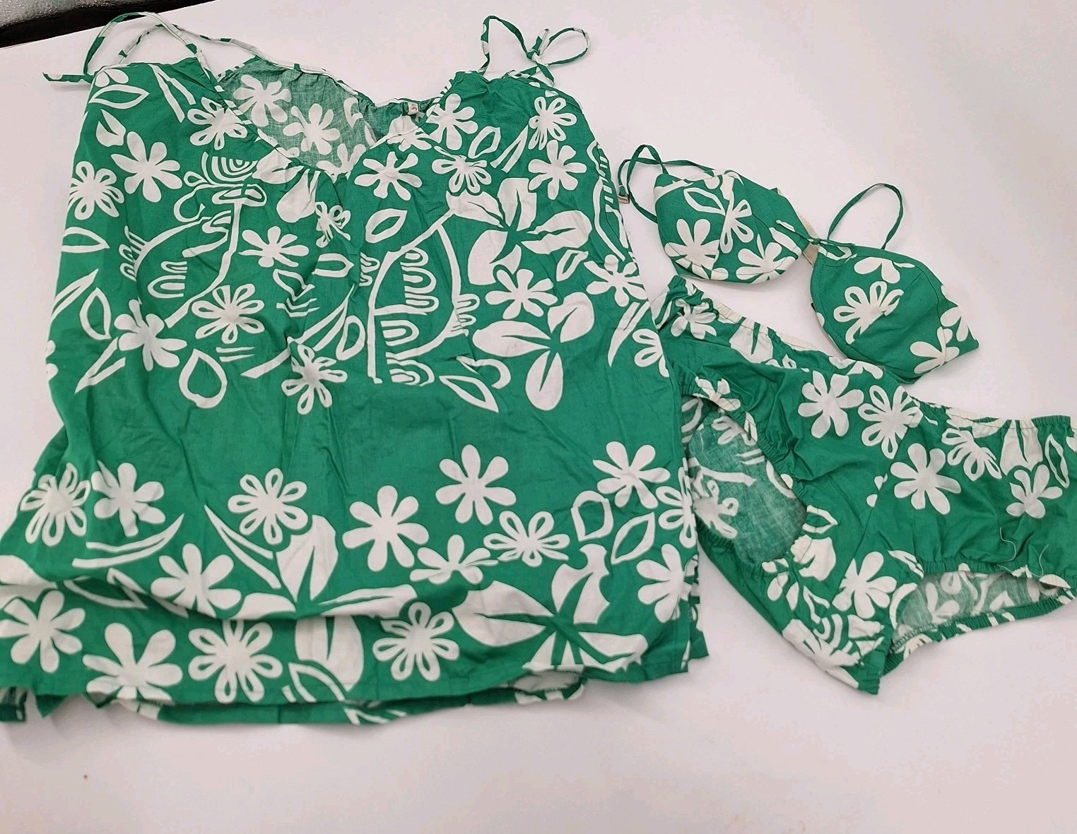 Vtg Green Bikini Retro 3 Pc Set Bathing Suit Mid Century Swimsuit Tropical