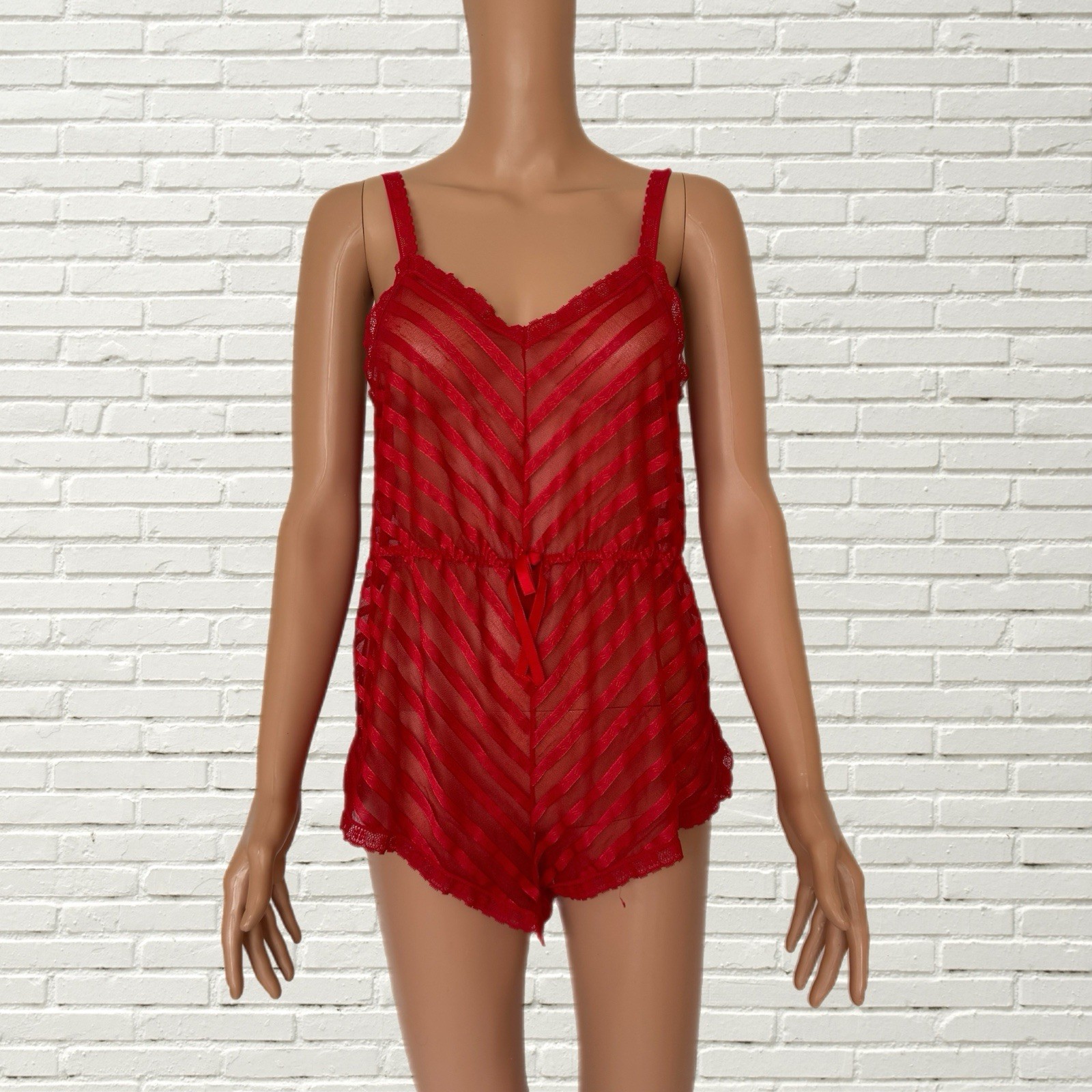 Vintage 70s Step In Lingerie Romper – Red Mesh Striped Lace Trim S