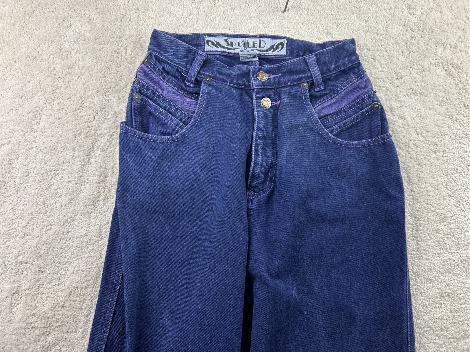 Vintage Squeeze 80s 90s Dark Blue/Lavender Wash Womens High Waist Rise Jeans 3/4