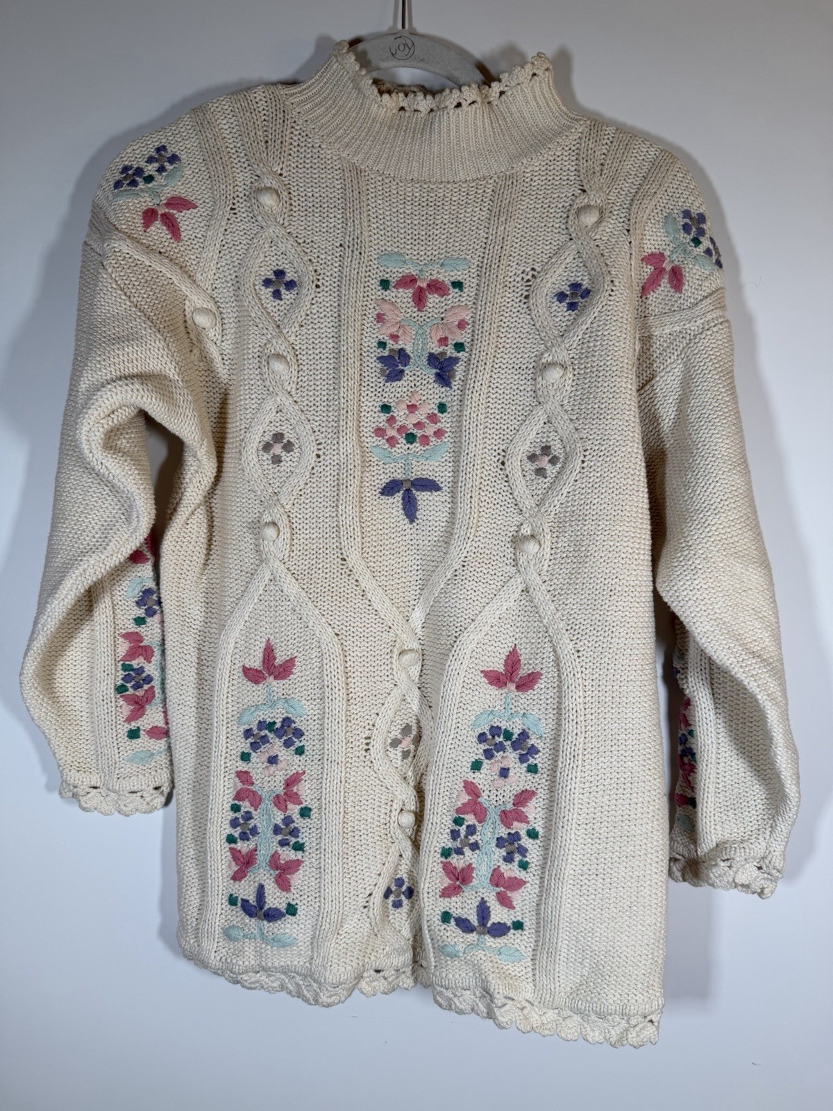 Vintage 90s Maggie Lawrence cream mockneck floral embroidered sweater cottage L