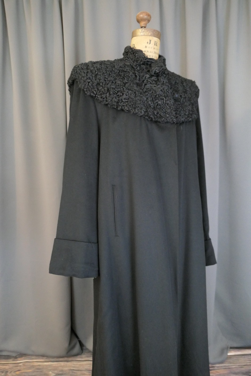 Vintage 1940s Black Wool Coat Winter with Persian Lamb Fur Collar, 40 inch bust