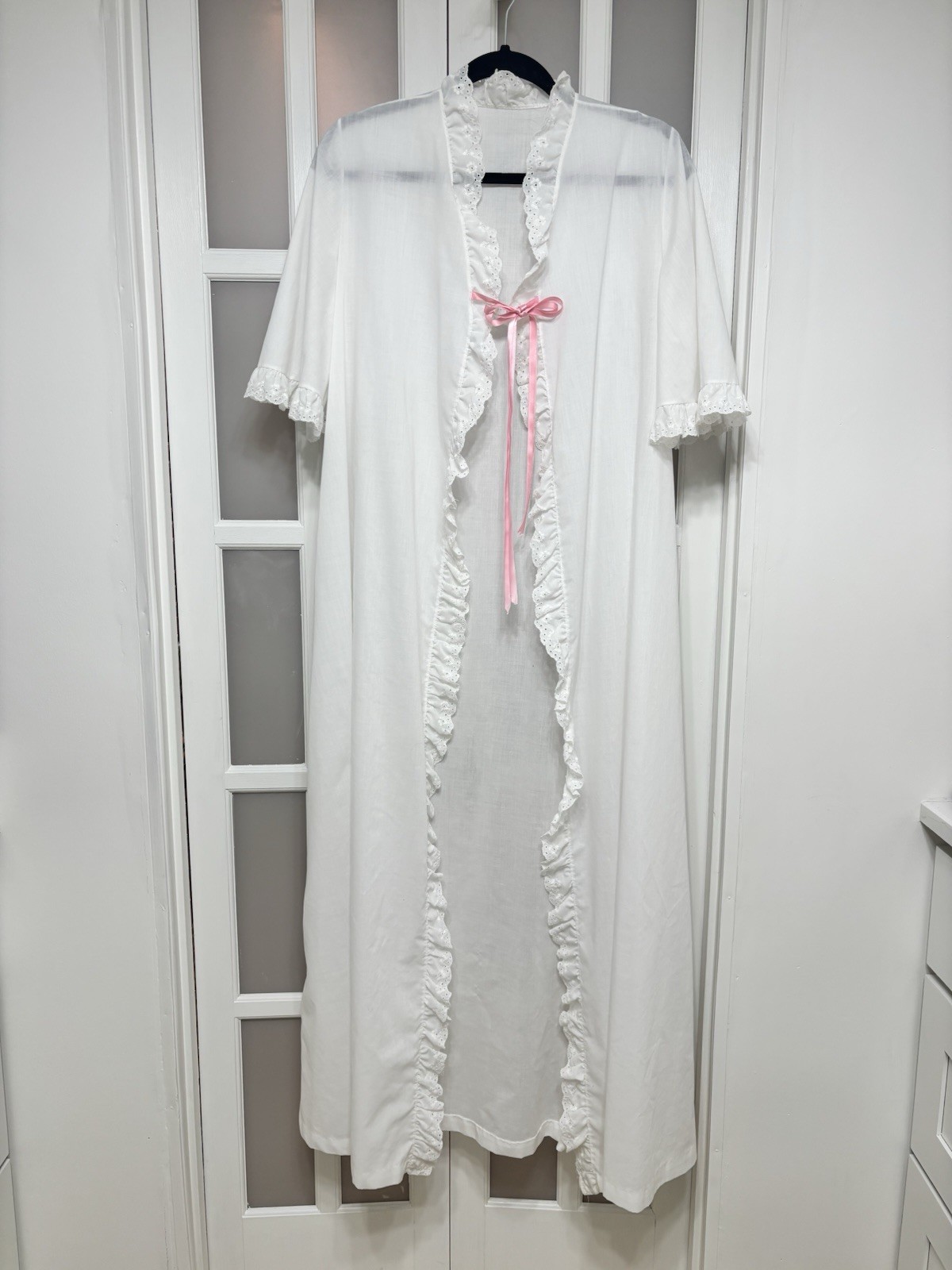 Vintage White Ruffled Robe with Pink Ribbon Tie – One Size