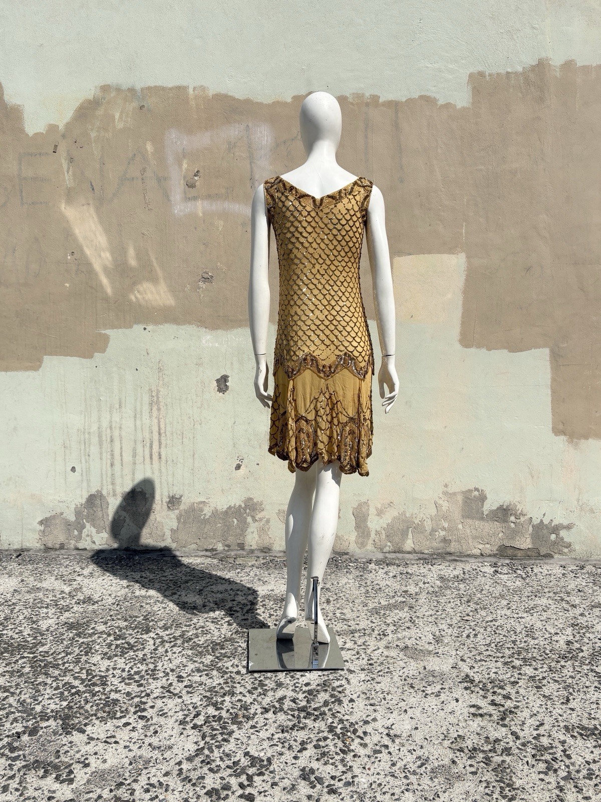 Vintage 1920s Flapper Dress Gold Sequin Silk Chiffon Fish Scale Beaded Gatsby S