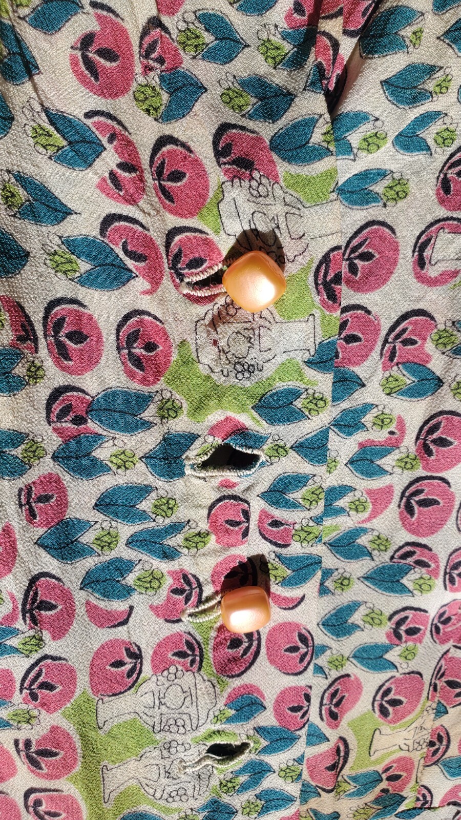 Vintage 40s R & K KNITS Rayon Pink Teal Floral Dress Tiered Ruching ART DECO XS