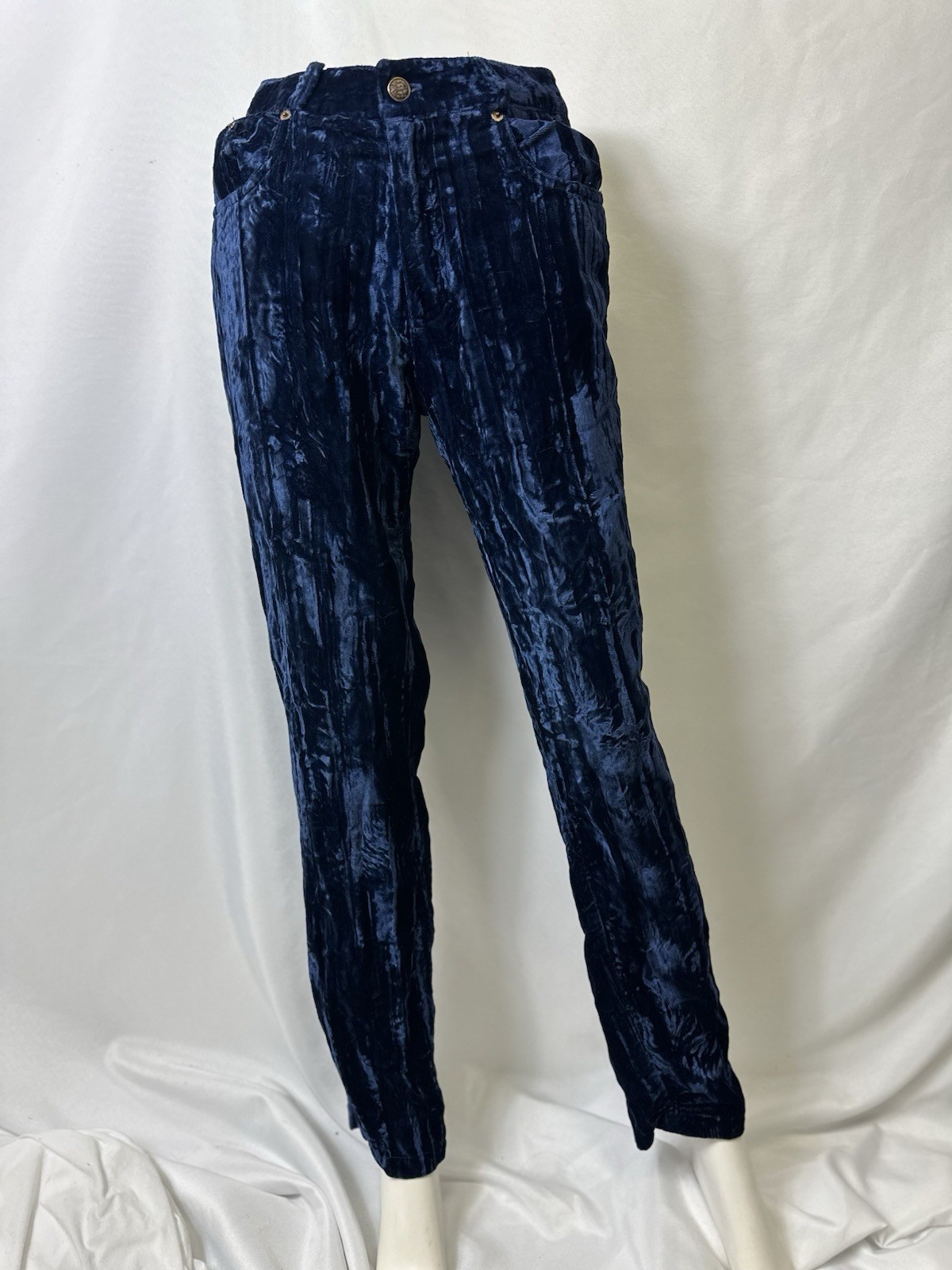 Vintage Moda Int’l Women’s Sz 4 Crushed Velvet Hi-Rise Straight Leg Pants Blue
