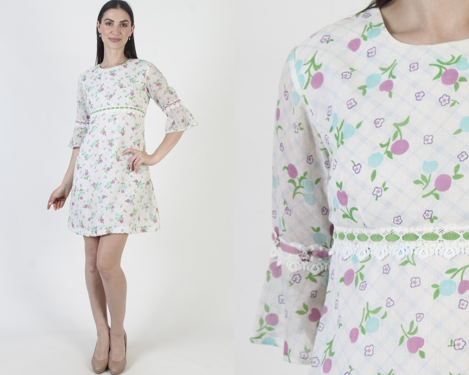 Vtg 70s White Fruit Print Dress High Waist Bell Sleeve Prairie Cottage Mini