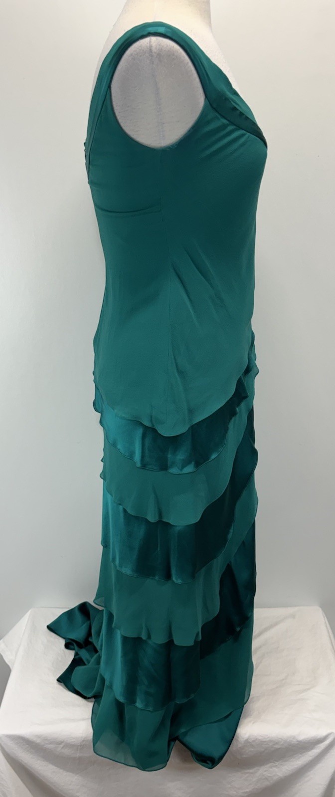 Vtg Tadashi Shoji 100% Silk Tiered Dress Gown Sz 8 Jewel Tone Brooch Formal