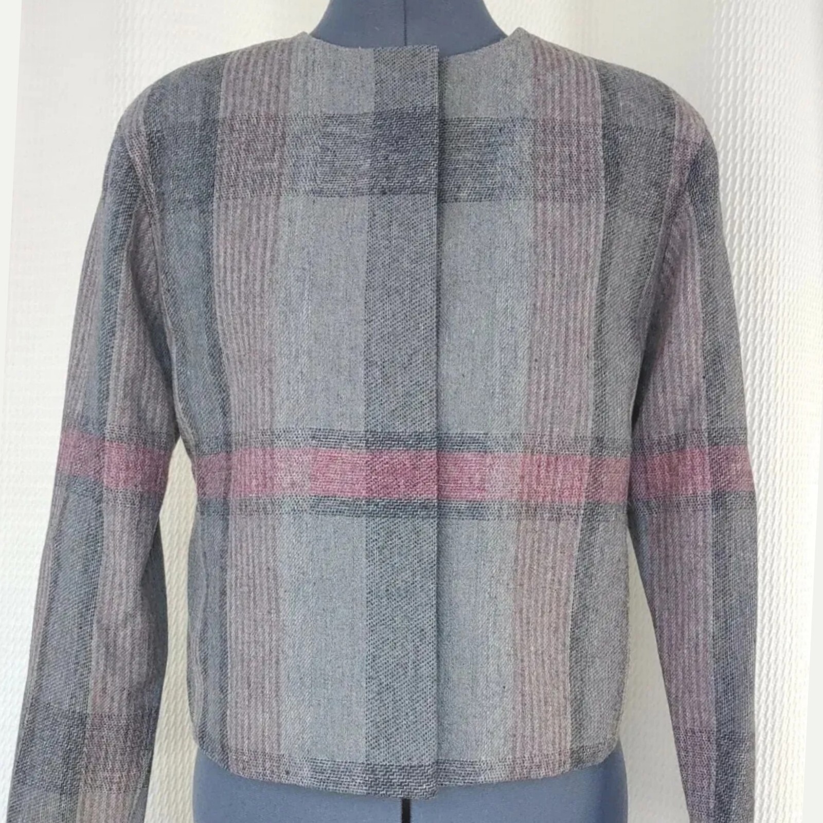 Vintage John Meyer Grey & Pink Plaid Collarless Wool Jacket Size 8