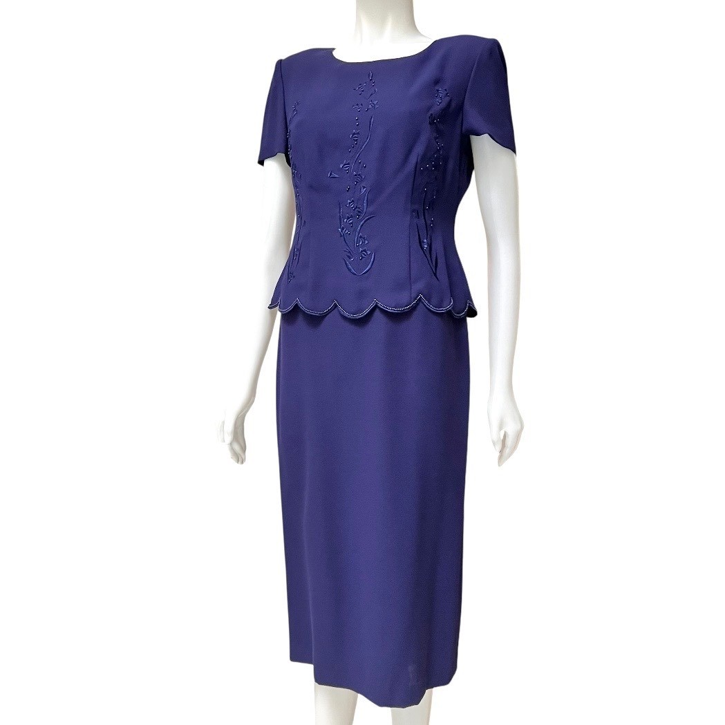Vtg 90s Donna Morgan Peplum Dress 8P Mock Embroidered Beaded Mother of the Bride